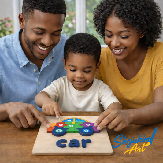 Wooden Vehicles Puzzle Set – 4 Interlocking Boards (Bus, Car, Ship & Rocket) – Set E