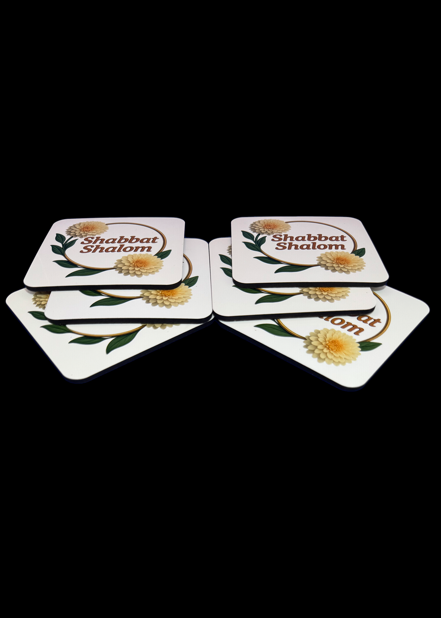 Set of 6 Cork-Backed Coasters – Chrysanthemums “Shabbat Shalom” Design – Jewish Table Decor for Shabbat or Holidays