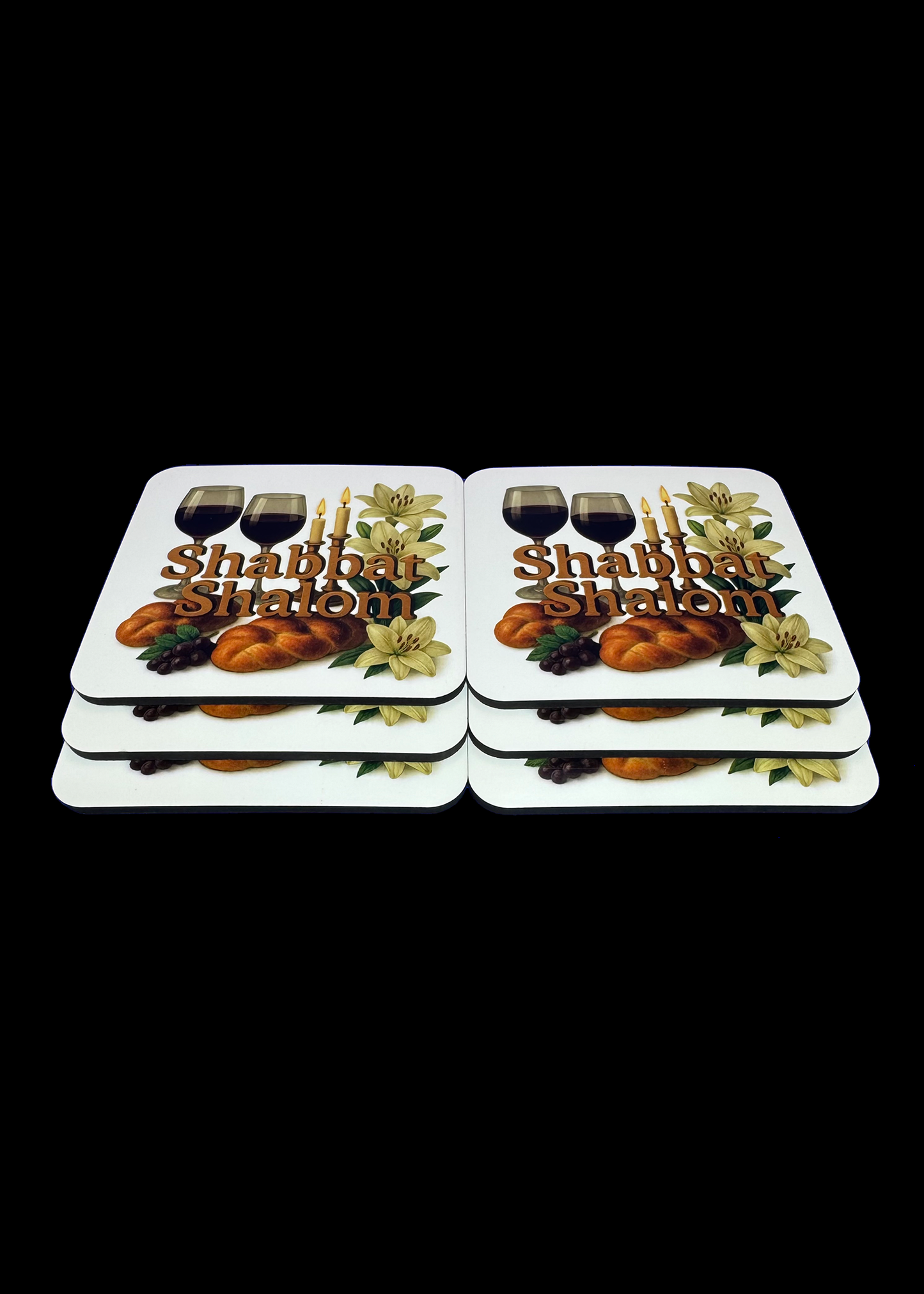 6 Coasters - CHALLAH, LILIES, Shabbat Shalom Coasters – Set of 6 Cork Backed Cup Coasters for Shabbat Table Decor