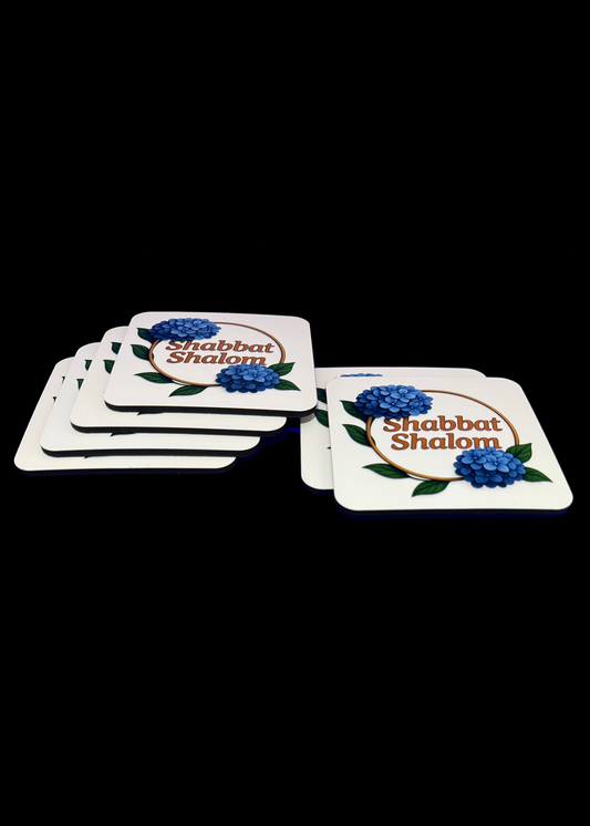 Set of 6 Cork-Backed Coasters – Hydrangeas “Shabbat Shalom” Design – Jewish Table Decor for Shabbat or Holidays