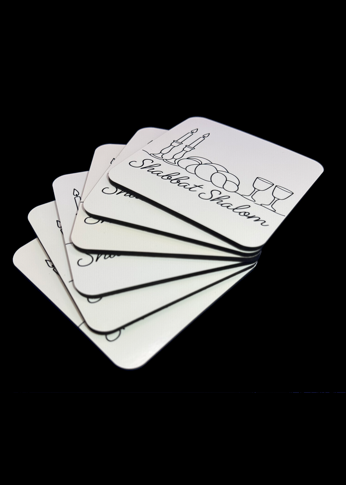 Set of 6 Cork-Backed Coasters – “Shabbat Shalom” Design – Jewish Table Decor for Shabbat or Holidays