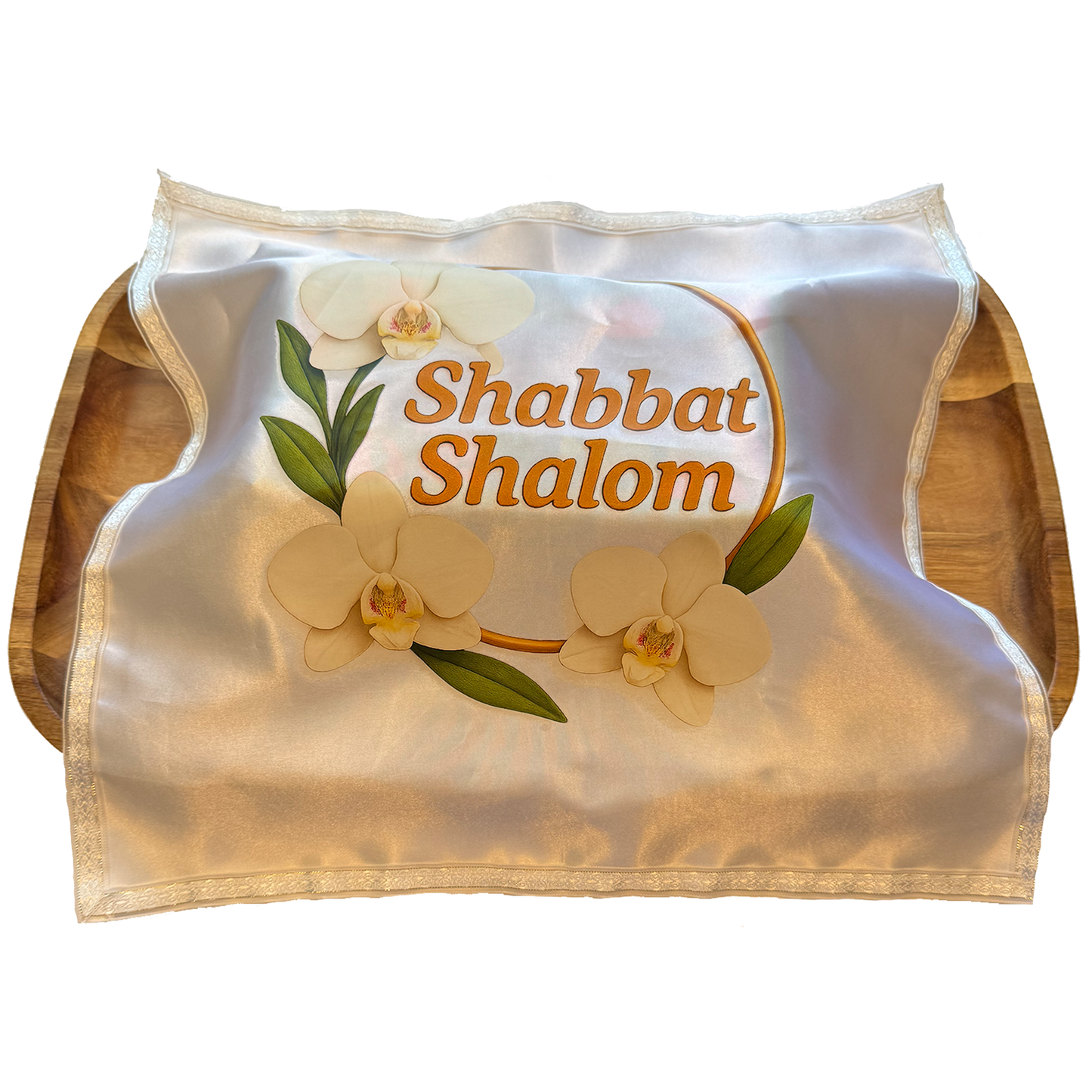 Elegant Satin Challah Cover with Lace Trim – “Shabbat Shalom” Orchids Design – Colorful Printed Jewish Table Decor