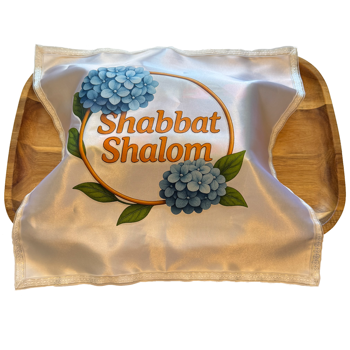 Elegant Satin Challah Cover with Lace Trim – “Shabbat Shalom” Hydrangeas Design – Colorful Printed Jewish Table Decor