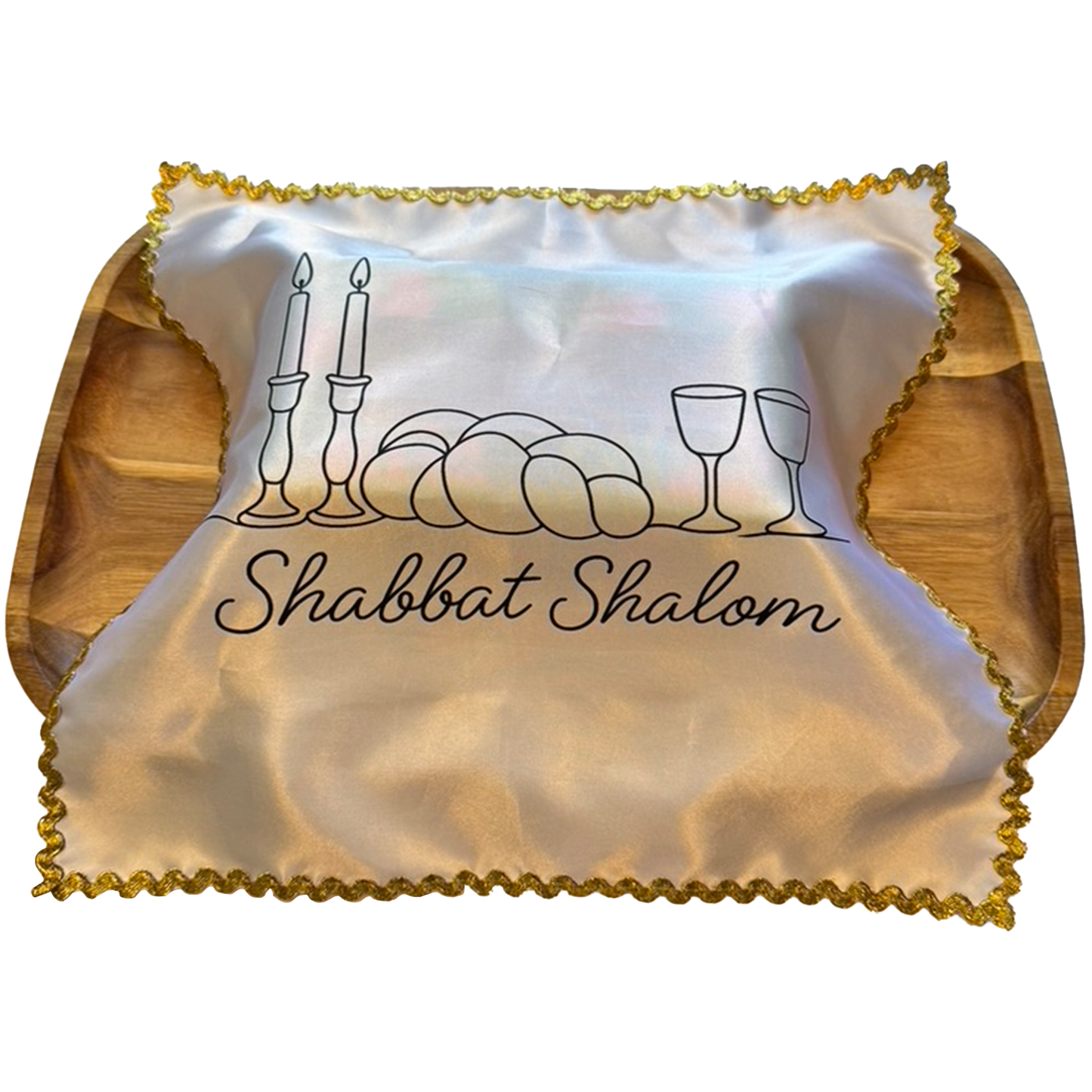 Elegant Satin Challah Cover with Lace Trim – “Shabbat Shalom Design" – Colorful Printed Jewish Table Decor