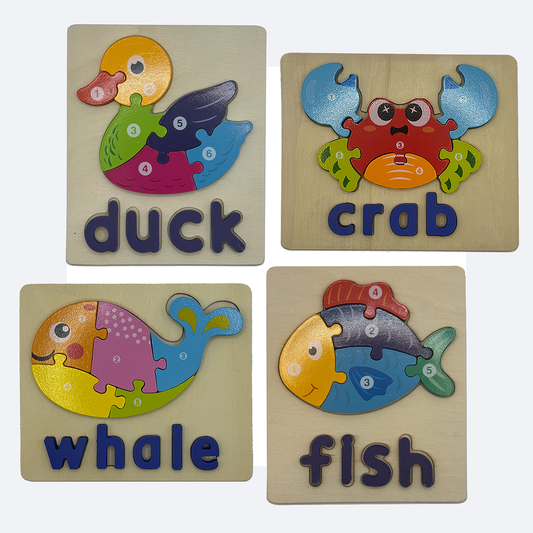 Wooden Animal Puzzle Set – 4 Interlocking Boards (Duck, Crab, Whale & Fish) – Set D