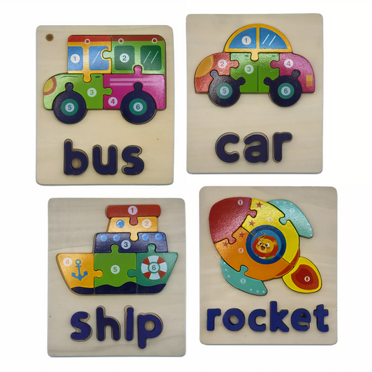 Wooden Vehicles Puzzle Set – 4 Interlocking Boards (Bus, Car, Ship & Rocket) – Set E