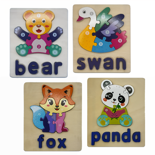 Wooden Animal Puzzle Set – 4 Interlocking Boards (Bear, Swan, Fox & Panda) – Set F
