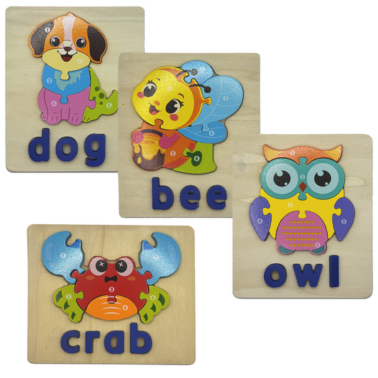 Wooden Animal Puzzle Set – 4 Interlocking Boards (Dog, Bee, Owl & Crab) – Set A