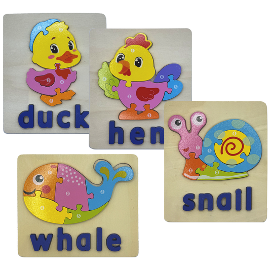 Wooden Animal Puzzle Set – 4 Interlocking Boards (Duck, Hen, Snail, Whale) – Set B