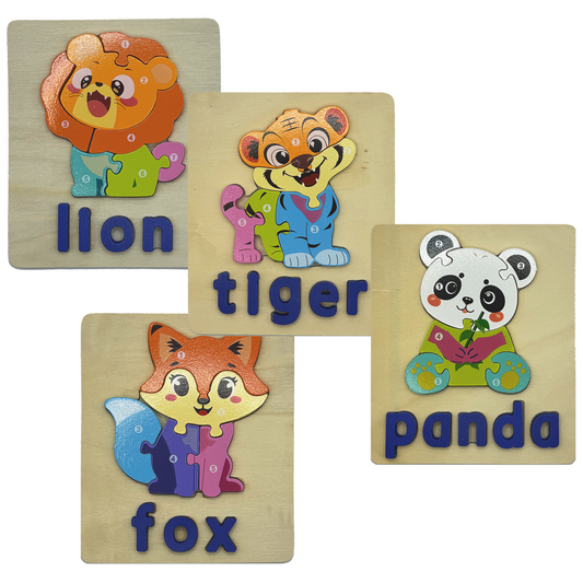 Wooden Animal Puzzle Set – 4 Interlocking Boards (Lion, Tiger, Panda & Fox) – Set C
