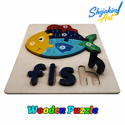 Wooden Animal Puzzle Set – 4 Interlocking Boards (Duck, Crab, Whale & Fish) – Set D