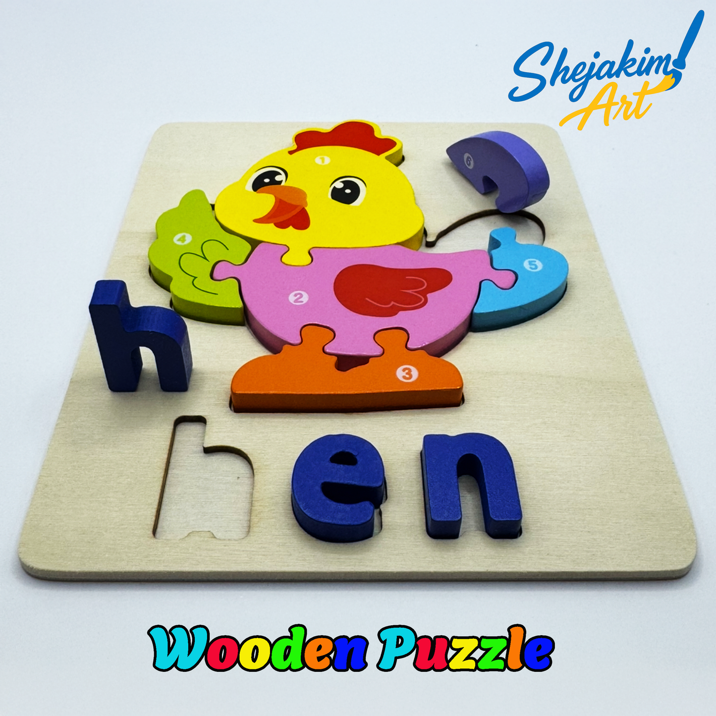 Wooden Animal Puzzle Set – 4 Interlocking Boards (Duck, Hen, Snail, Whale) – Set B