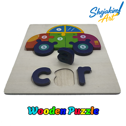 Wooden Vehicles Puzzle Set – 4 Interlocking Boards (Bus, Car, Ship & Rocket) – Set E