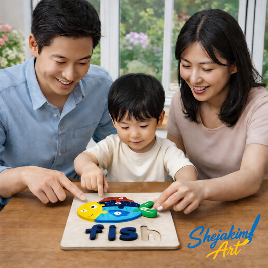 Wooden Animal Puzzle Set – 4 Interlocking Boards (Duck, Crab, Whale & Fish) – Set D