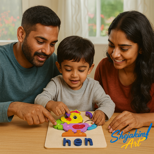 Wooden Animal Puzzle Set – 4 Interlocking Boards (Duck, Hen, Snail, Whale) – Set B