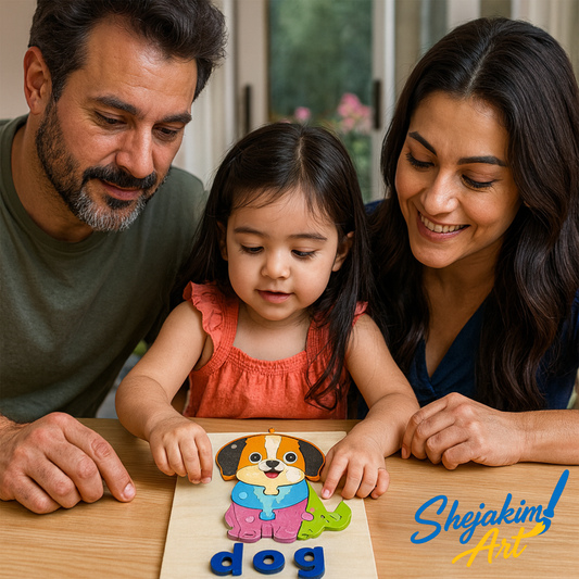 Wooden Animal Puzzle Set – 4 Interlocking Boards (Dog, Bee, Owl & Crab) – Set A