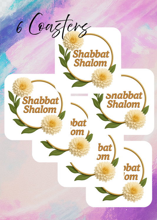 Set of 6 “Shabbat Shalom” Coasters – Chrysanthemums Floral Design – Jewish Table Decor for Shabbat or Holidays