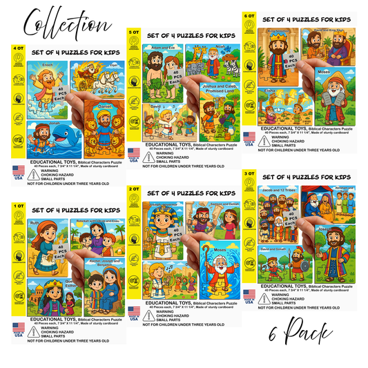Collection of 6 Puzzle Sets for Kids – 4 Jigsaw Puzzles per Set (40 Pieces Each) – Educational Biblical Puzzle Gift – [Bible Story/Character] from the Old Testament (Tanakh Theme)