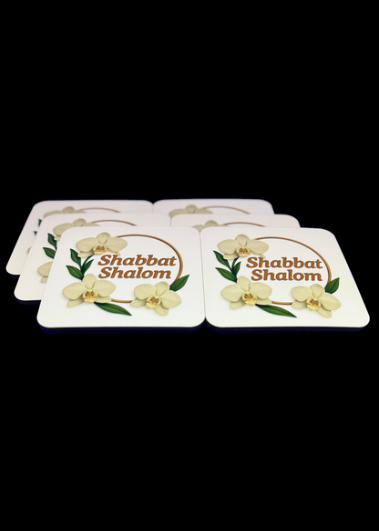 Set of 6 Cork-Backed Coasters – Orchids “Shabbat Shalom” Design – Jewish Table Decor for Shabbat or Holidays