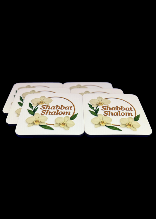 Set of 6 Cork-Backed Coasters – Orchids “Shabbat Shalom” Design – Jewish Table Decor for Shabbat or Holidays