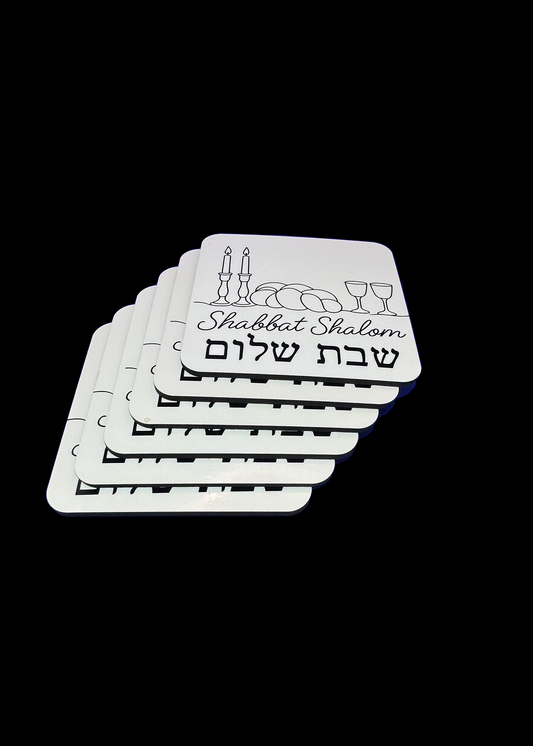 Set of 6 Cork-Backed Coasters – “Shabbat Shalom” Design – Jewish Table Decor for Shabbat or Holidays