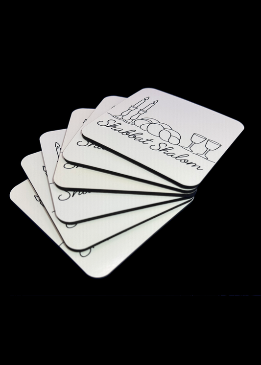 Set of 6 Cork-Backed Coasters – “Shabbat Shalom” Design – Jewish Table Decor for Shabbat or Holidays