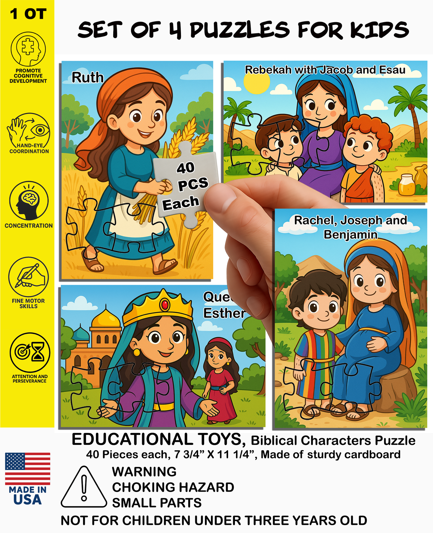Set of 4 Jigsaw Puzzles for Kids (40 Pieces Each) – Educational Biblical Puzzle Gift – [Bible Story/Character] – Tanakh / Old Testament Theme