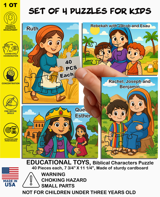 Set of 4 Jigsaw Puzzles for Kids (40 Pieces Each) – Educational Biblical Puzzle Gift – [Bible Story/Character] – Tanakh / Old Testament Theme