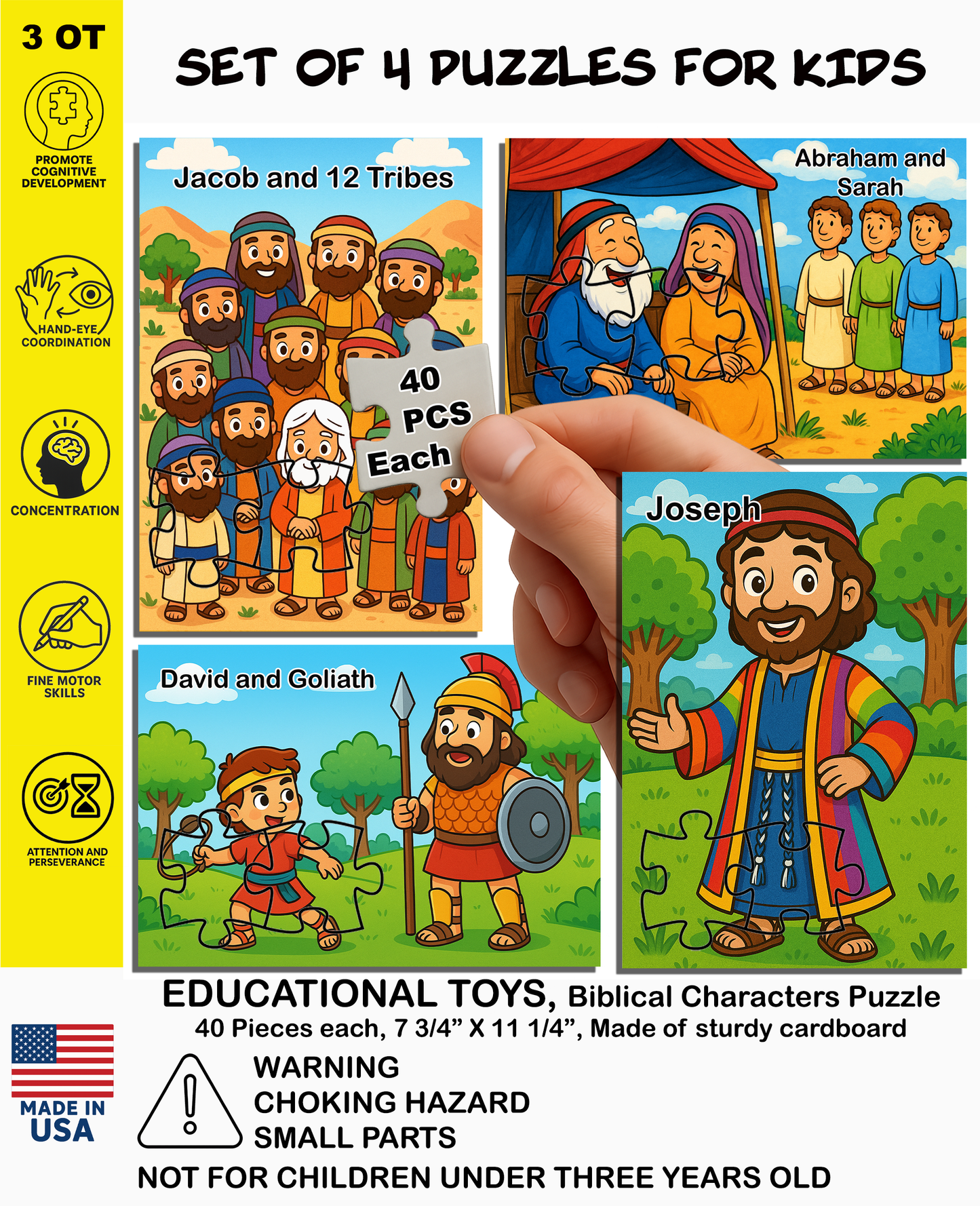 Set of 4 Jigsaw Puzzles for Kids (40 Pieces Each) – Educational Biblical Puzzle Gift – [Bible Story/Character] – Tanakh / Old Testament Theme