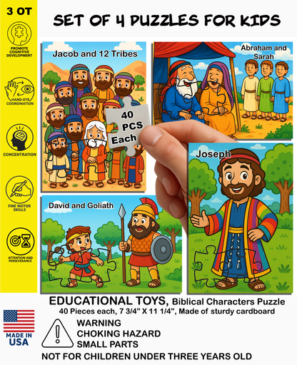 Set of 4 Jigsaw Puzzles for Kids (40 Pieces Each) – Educational Biblical Puzzle Gift – [Bible Story/Character] – Tanakh / Old Testament Theme