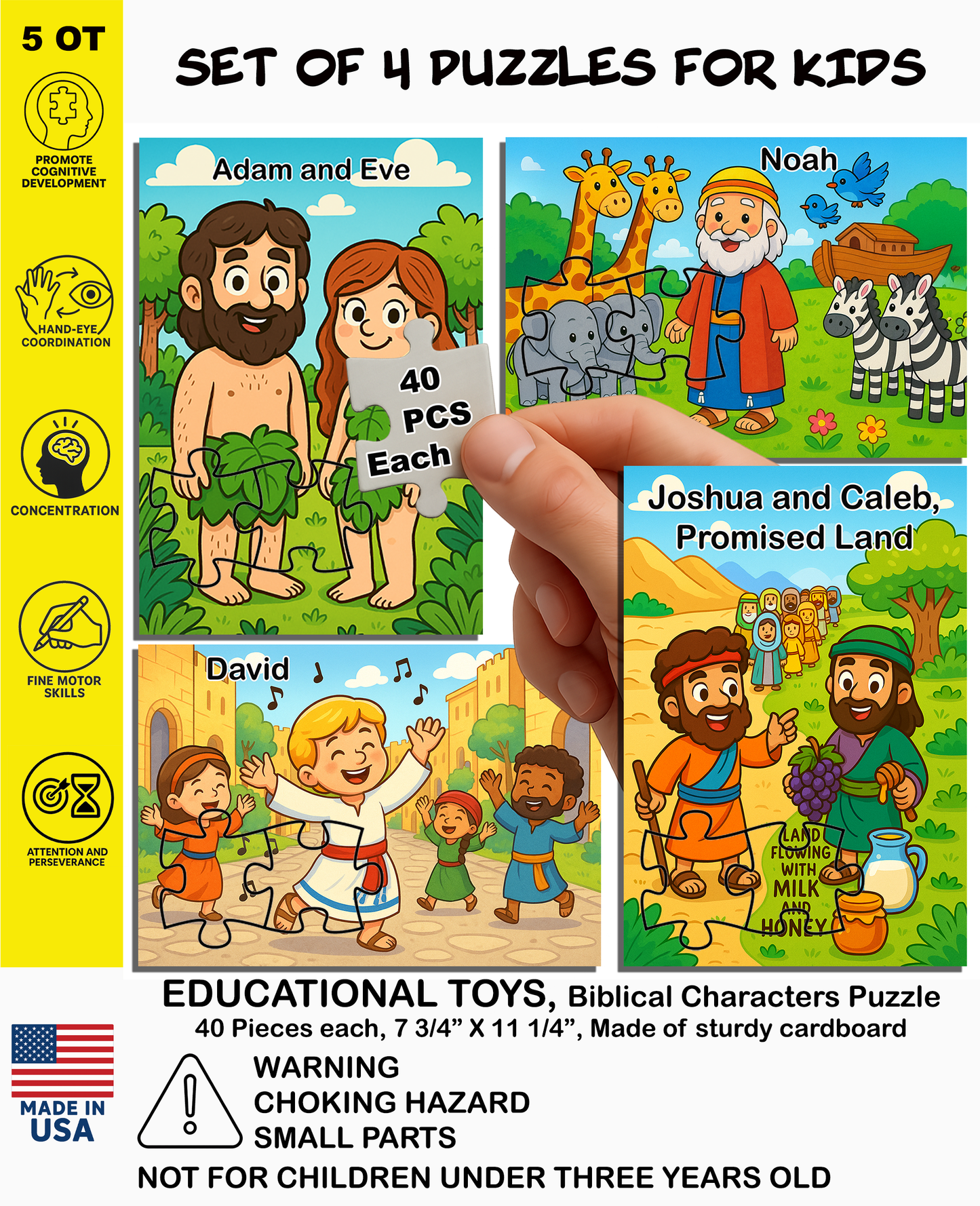 Set of 4 Jigsaw Puzzles for Kids (40 Pieces Each) – Educational Biblical Puzzle Gift – [Bible Story/Character] – Tanakh / Old Testament Theme