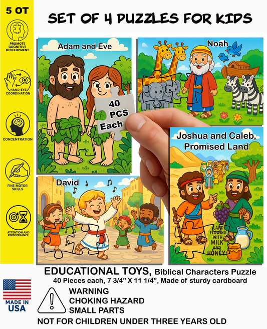 Set of 4 Jigsaw Puzzles for Kids (40 Pieces Each) – Educational Biblical Puzzle Gift – [Bible Story/Character] – Tanakh / Old Testament Theme