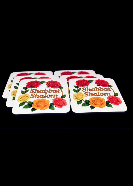 Set of 6 Cork-Backed Coasters – Roses “Shabbat Shalom” Design – Jewish Table Decor for Shabbat or Holidays