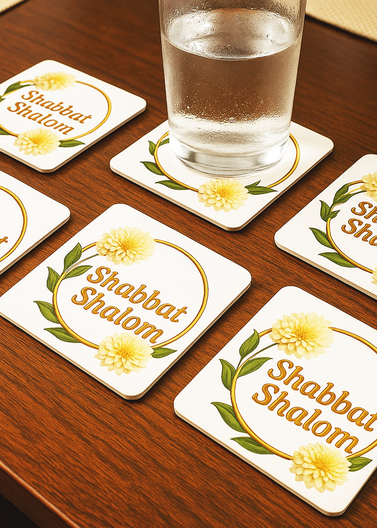 Set of 6 “Shabbat Shalom” Coasters – Chrysanthemums Floral Design – Jewish Table Decor for Shabbat or Holidays