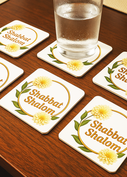 Set of 6 “Shabbat Shalom” Coasters – Chrysanthemums Floral Design – Jewish Table Decor for Shabbat or Holidays