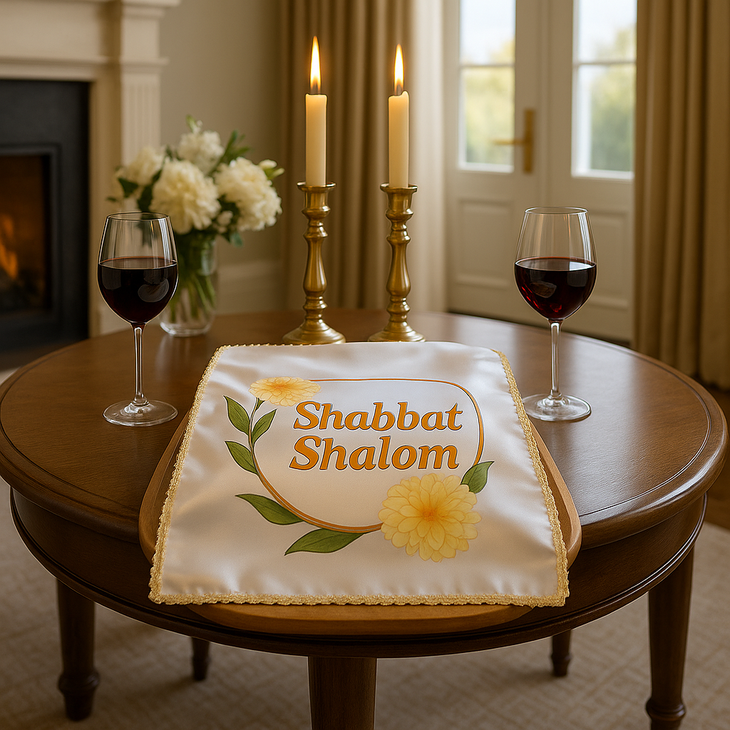 Elegant Satin Challah Cover with Lace Trim – “Shabbat Shalom” Chrysanthemums Design – Colorful Printed Jewish Table Decor
