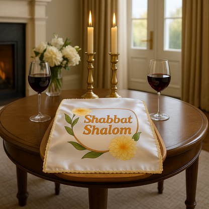 Elegant Satin Challah Cover with Lace Trim – “Shabbat Shalom” Chrysanthemums Design – Colorful Printed Jewish Table Decor