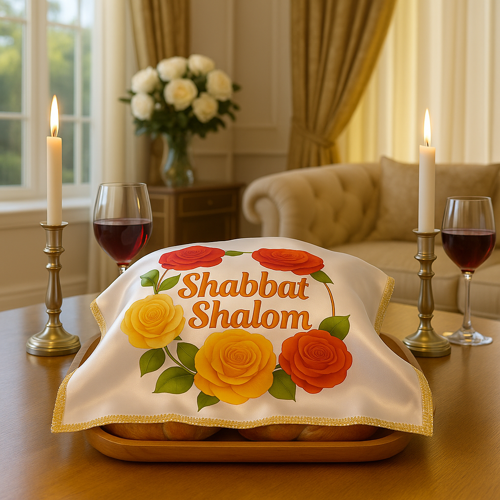 Elegant Satin Challah Cover with Lace Trim – “Shabbat Shalom” Roses Design – Colorful Printed Jewish Table Decor