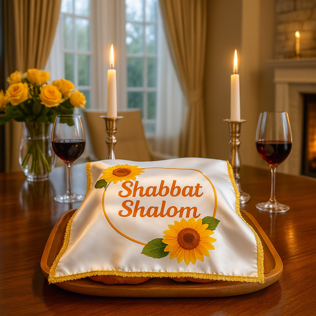 Elegant Satin Challah Cover with Lace Trim – “Shabbat Shalom” Sunflowers Design – Colorful Printed Jewish Table Decor