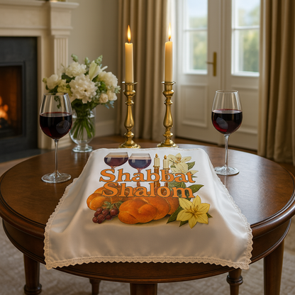 Elegant Satin Challah Cover with Lace Trim – “Shabbat Shalom” Challah and wine Design – Colorful Printed Jewish Table Decor