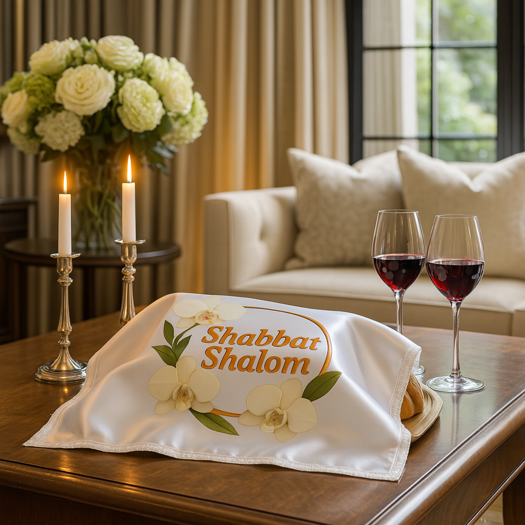 Elegant Satin Challah Cover with Lace Trim – “Shabbat Shalom” Orchids Design – Colorful Printed Jewish Table Decor