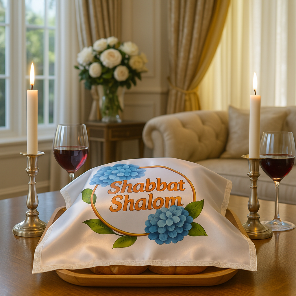 Elegant Satin Challah Cover with Lace Trim – “Shabbat Shalom” Hydrangeas Design – Colorful Printed Jewish Table Decor
