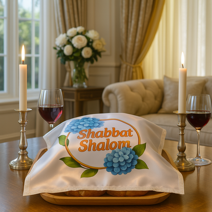 Elegant Satin Challah Cover with Lace Trim – “Shabbat Shalom” Hydrangeas Design – Colorful Printed Jewish Table Decor