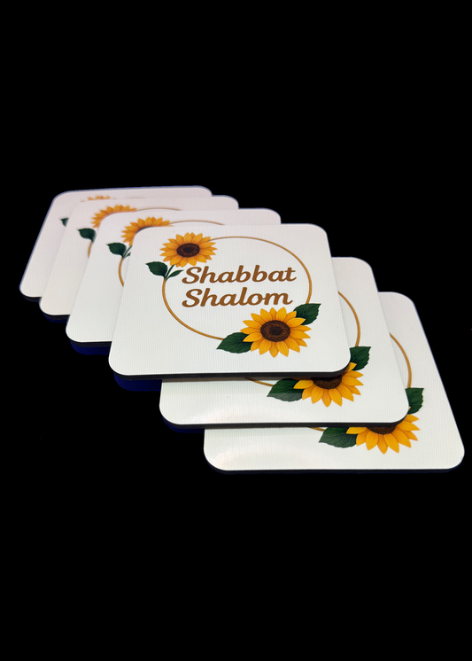 Set of 6 Cork-Backed Coasters – Sunflower “Shabbat Shalom” Design – Jewish Table Decor for Shabbat or Holidays