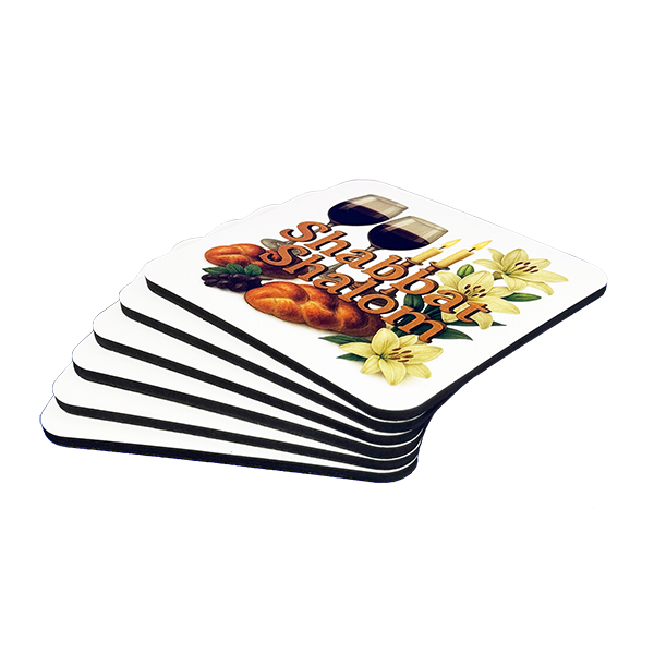 6 Coasters - CHALLAH, LILIES, Shabbat Shalom Coasters – Set of 6 Cork Backed Cup Coasters for Shabbat Table Decor