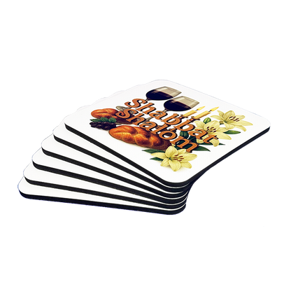 6 Coasters - CHALLAH, LILIES, Shabbat Shalom Coasters – Set of 6 Cork Backed Cup Coasters for Shabbat Table Decor