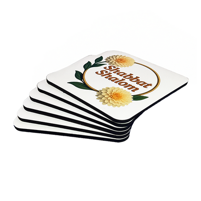 Set of 6 Cork-Backed Coasters – Chrysanthemums “Shabbat Shalom” Design – Jewish Table Decor for Shabbat or Holidays