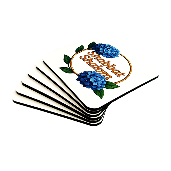 Set of 6 Cork-Backed Coasters – Hydrangeas “Shabbat Shalom” Design – Jewish Table Decor for Shabbat or Holidays