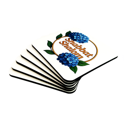 Set of 6 Cork-Backed Coasters – Hydrangeas “Shabbat Shalom” Design – Jewish Table Decor for Shabbat or Holidays