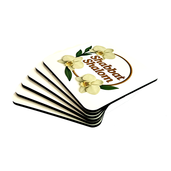 Set of 6 Cork-Backed Coasters – Orchids “Shabbat Shalom” Design – Jewish Table Decor for Shabbat or Holidays